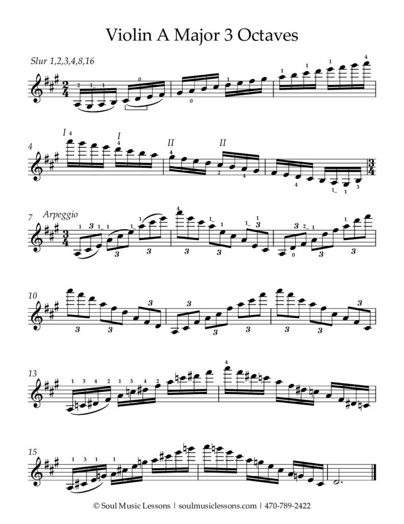 A Major Scale Violin, 3 Octaves, with Arpeggio (Free PDF) — sheet music preview